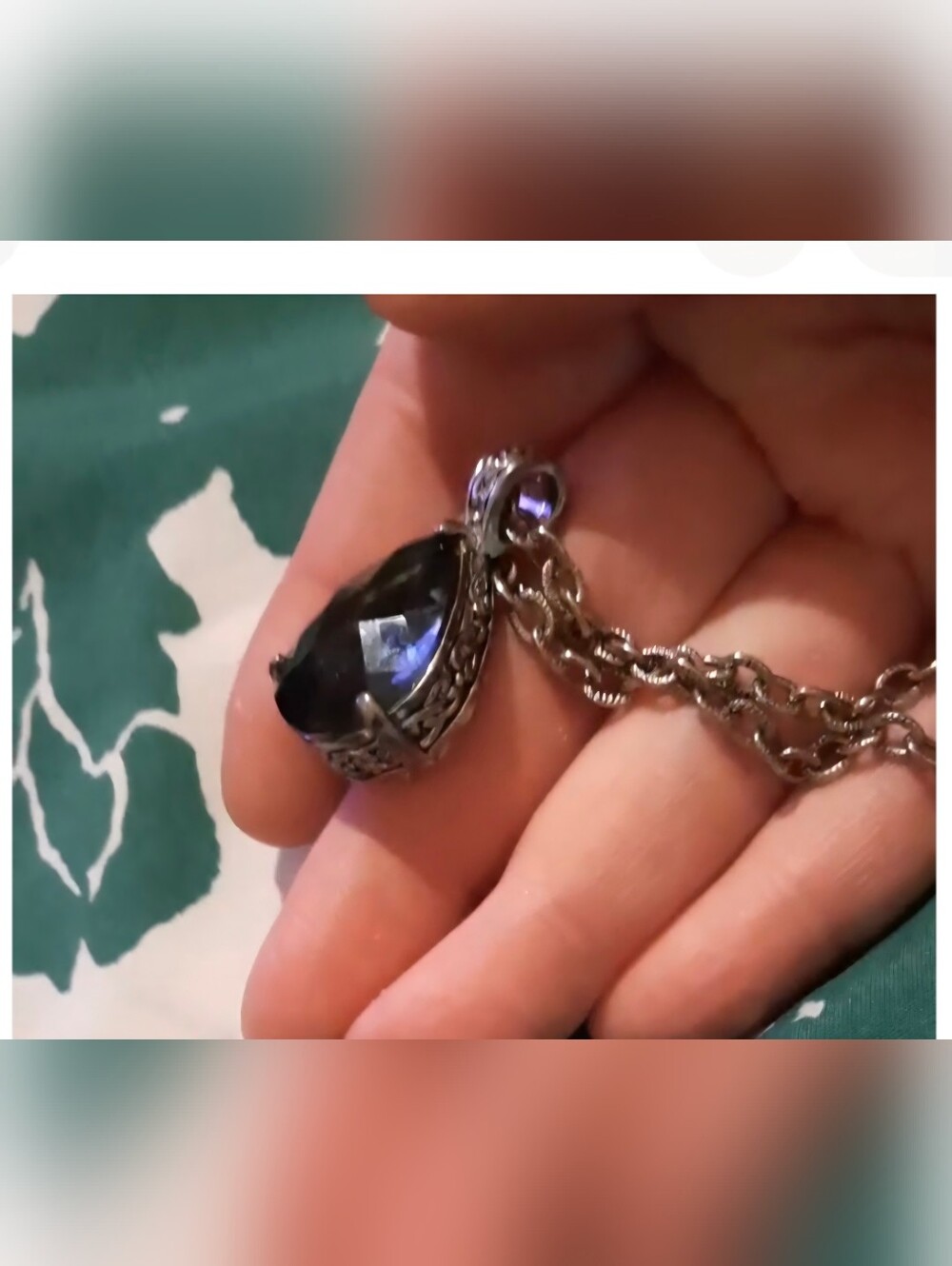 Signed MJ pendant necklace 28in Metaltone Blue Reversible Filigree Teardrop